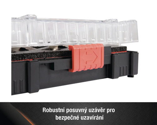 Detailní záběr kufříku na nářadí s průhledným víkem a posuvným uzávěrem