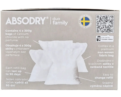 Odvlhčovač Absodry Duo Family se čtyřmi sáčky chloridu vápenatého
