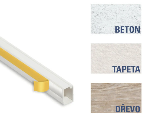 Plastová kabelová lišta s lepicí páskou a příklady použití pro beton, tapety a dřevo