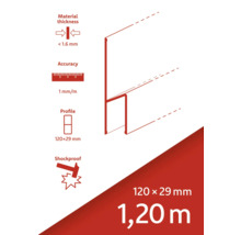 Tloušťka materiálu méně než 1,6 milimetru, přesnost 1 milimetr na metr, profil 120 krát 29 milimetrů, nárazuvzdorný, délka 1,20 metru