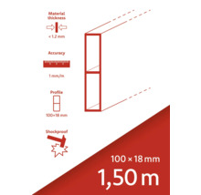 Tloušťka materiálu menší než 1,2 mm, přesnost 1 mm na metr, profil 100 x 18 mm, nárazuvzdorný, délka 1,50 metru