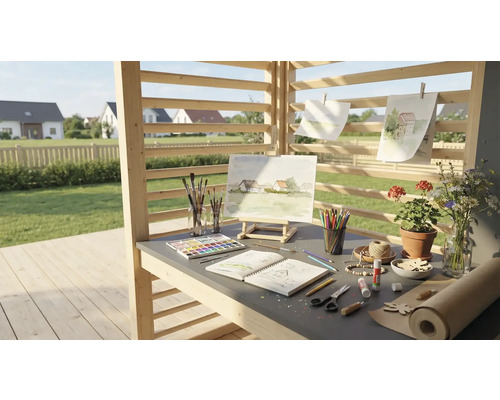 Kreativní pracovní prostor venku s malířským stojanem, barvami, štětci, papírem a květinami