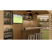 Dřevěný zahradní domek s barem, televizí a barovými židlemi pro venkovní použití