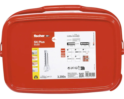 Hmoždinky Fischer SX Plus 6x30 v červeném přenosném kufříku, 3200 kusů