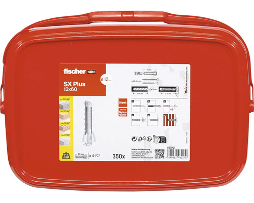 Hmoždinky Fischer SX Plus 12x60 v červeném přenosném kufříku, 350 kusů