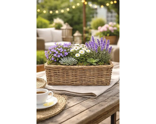 Dekorativní aranžmá z různých rostlin v obdélníkovém košíku na dřevěném stole