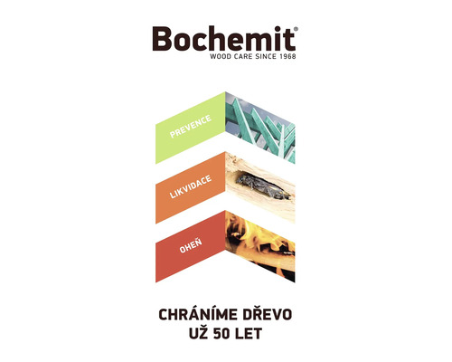 Přehled produktů Bochemit pro ochranu dřeva s informacemi o prevenci, likvidaci škůdců a protipožární ochraně