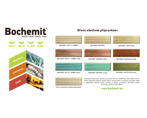 Přehled produktů Bochemit na ochranu dřeva s různými barvami dřeva a ochrannými funkcemi proti hmyzu, houbám a ohni