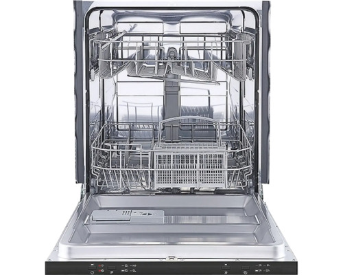 Vnitřní pohled na myčku s otevřenými dvířky a výsuvnými koši na nádobí.