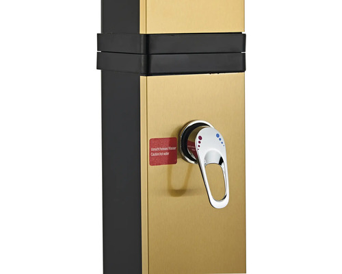 Detail sprchového panelu s ovládací armaturou a upozorněním na horkou vodu