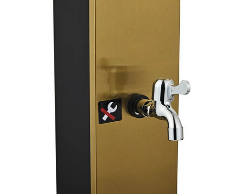 Vodovodní kohoutek na sprchovém sloupu se symbolem zákazu oprav