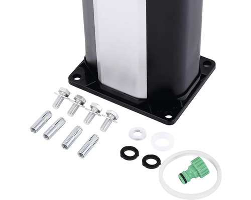 Upevňovací materiál pro zahradní sprchu včetně šroubů, hmoždinek, těsnění a hadicové přípojky