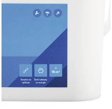 Symbol pro snadnou aplikaci, nanášení válečkem, nanášení štětcem, úsporu energie a rozsah 15 metrů čtverečních