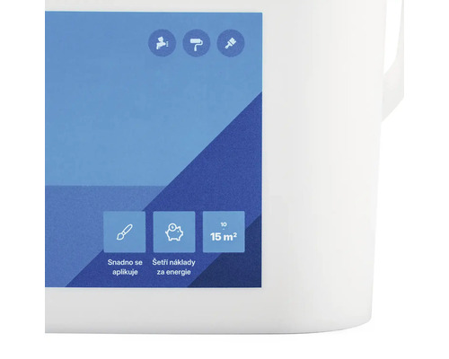 Symbol pro snadnou aplikaci, nanášení válečkem, nanášení štětcem, úsporu energie a rozsah 15 metrů čtverečních