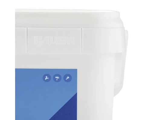 Detailní pohled na kbelík s barvou se symboly pro stříkání, válení a natírání