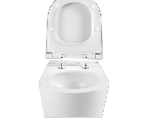 Závěsný hlubokosplachovací klozet s otevřeným splachovacím kruhem a WC sedátkem