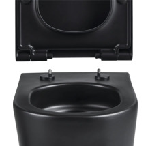 Černá závěsná toaleta s hlubokým splachováním, otevřeným splachovacím kruhem a WC sedátkem