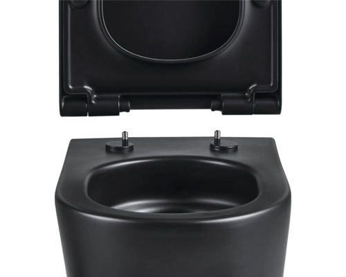 Černá závěsná toaleta s hlubokým splachováním, otevřeným splachovacím kruhem a WC sedátkem