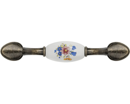 Nábytková úchytka z kovu a keramiky s květinovým vzorem