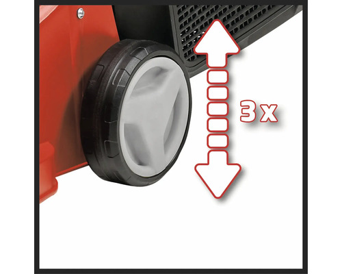 Detailní záběr kola zařízení se šipkami znázorňujícími trojnásobné nastavení výšky