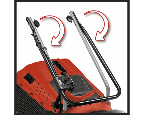 Detailní pohled na sekačku na trávu ukazující skládací funkci rukojeti se šipkami.