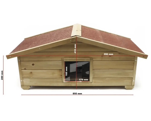 Dřevěná psí bouda o rozměrech 850 x 990 x 415 mm