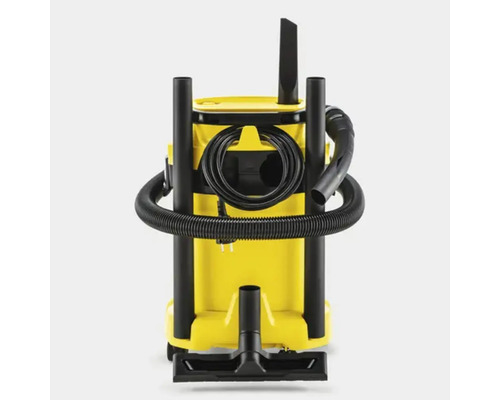 Žlutý víceúčelový vysavač s černou hadicí a příslušenstvím