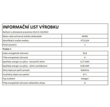 Informační list pro troubu MORA VT111GX s energetickou třídou A, objemem 67 litrů a spotřebou energie 0,77 kilowatthodiny na cyklus.