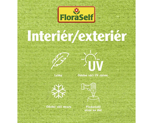 Logo FloraSelf. Vhodné do interiéru i exteriéru. Lehký. Odolné vůči UV záření. Mrazuvzdorné. Předvrtaný otvor na dně.