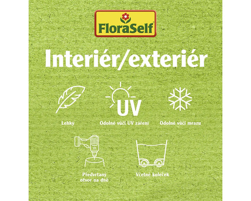 Logo FloraSelf, vhodné pro vnitřní i venkovní použití, lehké, odolné vůči UV záření, odolné vůči mrazu, předvrtaný otvor na dně, včetně koleček