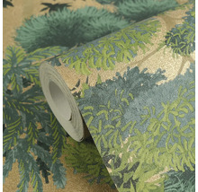 Role tapety se vzorem lesa v zelené a zlaté barvě