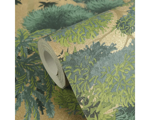 Role tapety se vzorem lesa v zelené a zlaté barvě