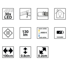Vlastnosti produktu: 30 LED, možnost zkrácení, samolepicí, vhodné do interiéru, 130 lumenů, teplota barev 4000 kelvinů, baterie součástí balení, délka 100 centimetrů, šířka 0,8 centimetru, výška 0,2 centimetru