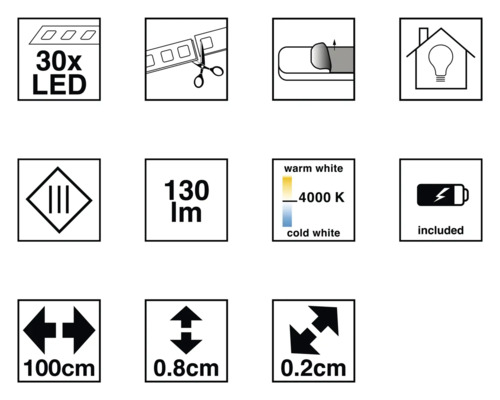 Vlastnosti produktu: 30 LED, možnost zkrácení, samolepicí, vhodné do interiéru, 130 lumenů, teplota barev 4000 kelvinů, baterie součástí balení, délka 100 centimetrů, šířka 0,8 centimetru, výška 0,2 centimetru