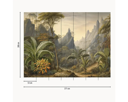 Fototapeta s motivem džungle, hor a tropických rostlin, rozměry 371 na 280 centimetrů, rozdělená na 53 centimetrů široké pásy.