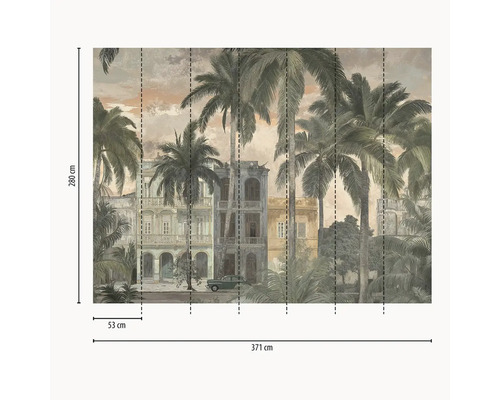 Fototapeta s palmami, koloniálními budovami a veteránem, rozměry 280 na 371 centimetrů, šířka pruhu 53 centimetrů.