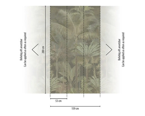 Fototapeta s motivem palmové džungle, rozměry 159 na 280 centimetrů, šířka pásu 53 centimetrů, libovolně napojitelná.