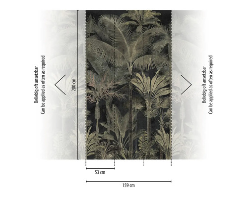 Vliesová tapeta s tropickým motivem palem, rozměry 159 na 280 centimetrů, libovolně napojitelná, šířka pásu 53 centimetrů.
