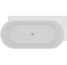 Pohled shora na bílou oválnou vanu s boční odkládací plochou a centrálním odtokem.