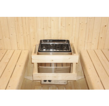 Saunová kamna z nerezové oceli s dřevěným obložením v sauně