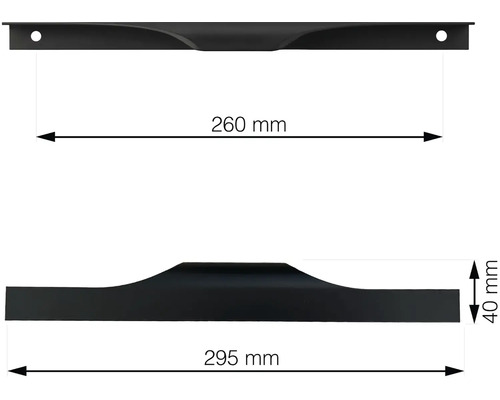 Technický výkres nábytkové úchytky o rozměrech 260 mm a 295 mm délky a 40 mm výšky.