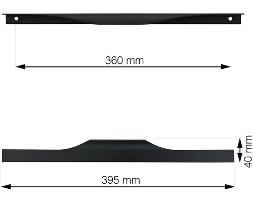 Technický nákres nábytkové úchytky o rozměrech 360 mm a 395 mm.