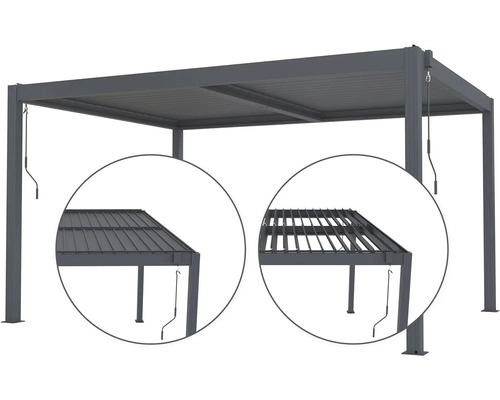 Pergola s nastavitelnými lamelami pro stínění v zahradě.