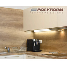 Kuchyňská scéna s dřezem, pracovní deskou, horními skříňkami a logem Polyform