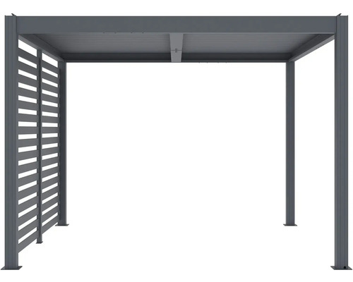 Volně stojící šedá hliníková pergola s lamelovou stěnou