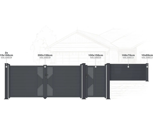 Různé zahradní ploty a zahradní brány v různých velikostech