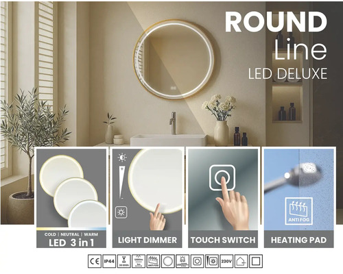 Kulaté LED zrcadlo se stmívačem, dotykovým spínačem, vyhřívací podložkou a funkcí proti zamlžování do koupelny