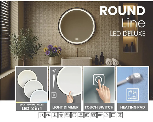 Kulaté koupelnové zrcadlo s LED osvětlením, dotykovým spínačem, stmívačem a funkcí proti zamlžování