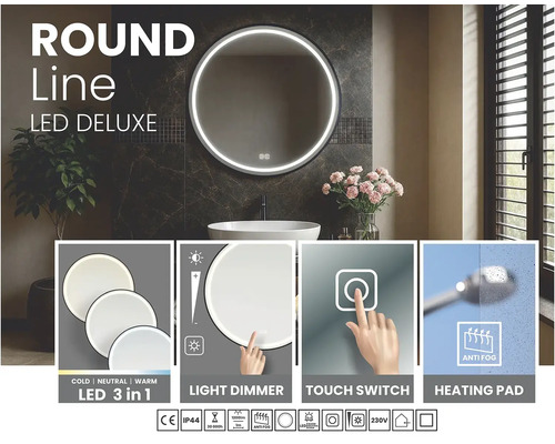 Kulaté LED zrcadlo s dotykovým spínačem, funkcí stmívání a funkcí proti zamlžování do koupelny