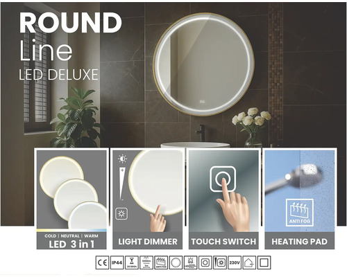 Kulaté LED zrcadlo se stmívačem světla, dotykovým spínačem a funkcí proti zamlžování